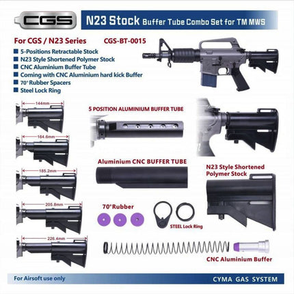 CYMA CGS N23 Raccourcie Crosse avec Tube à 5-Positions Convient pour CYMA CGS Tokyo Marui M4 Série MWS GBB Fusil Noir