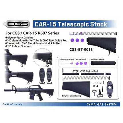 CYMA CGS CAR-15 R607 Style Rétractable Crosse Convient pour CYMA CGS Tokyo Marui M4 Série MWS GBB Fusil Noir